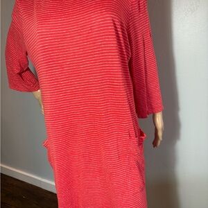 Eileen Fisher 100% Organic Linen Stripped 3/4 Sleeve Relaxed Fit Shift Dress! L